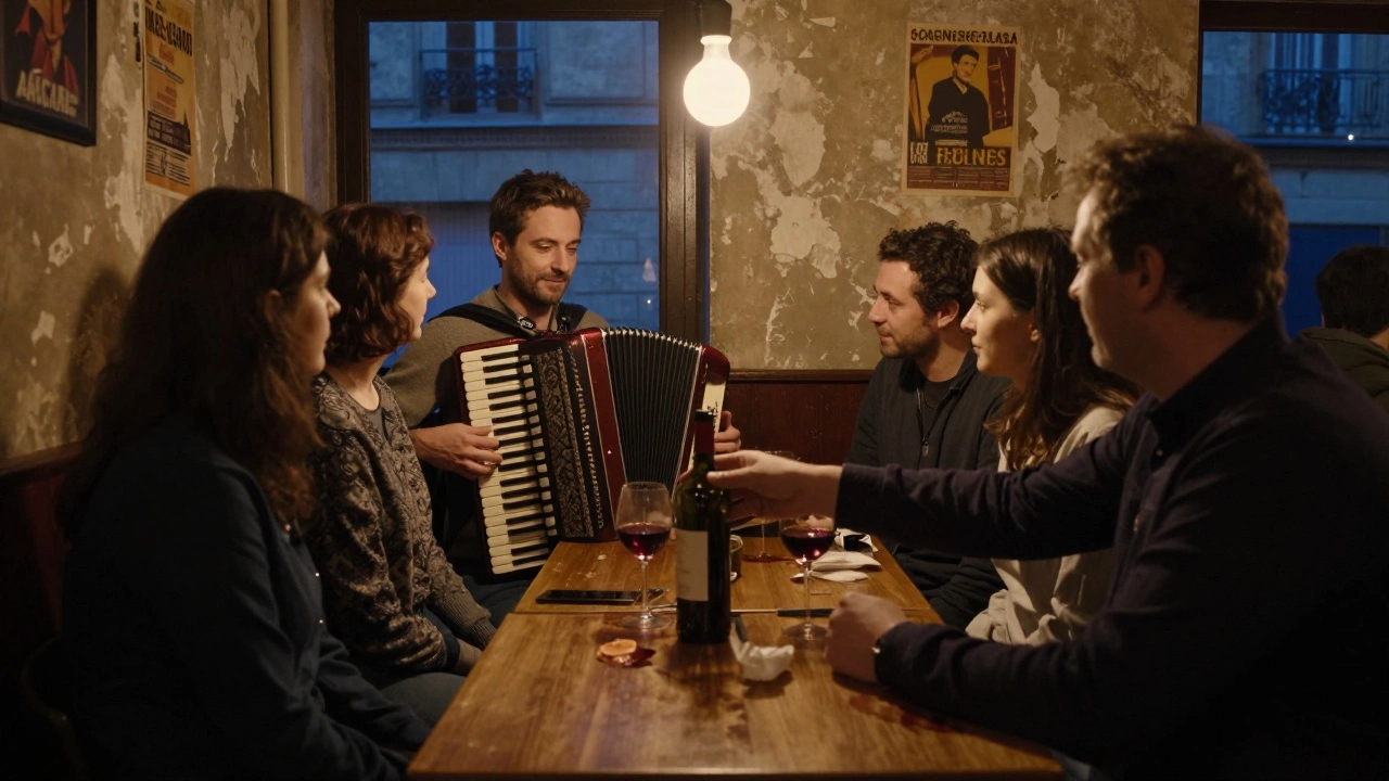 A man plays accordion in a dim basement café, six people share wine under a single lightbulb.