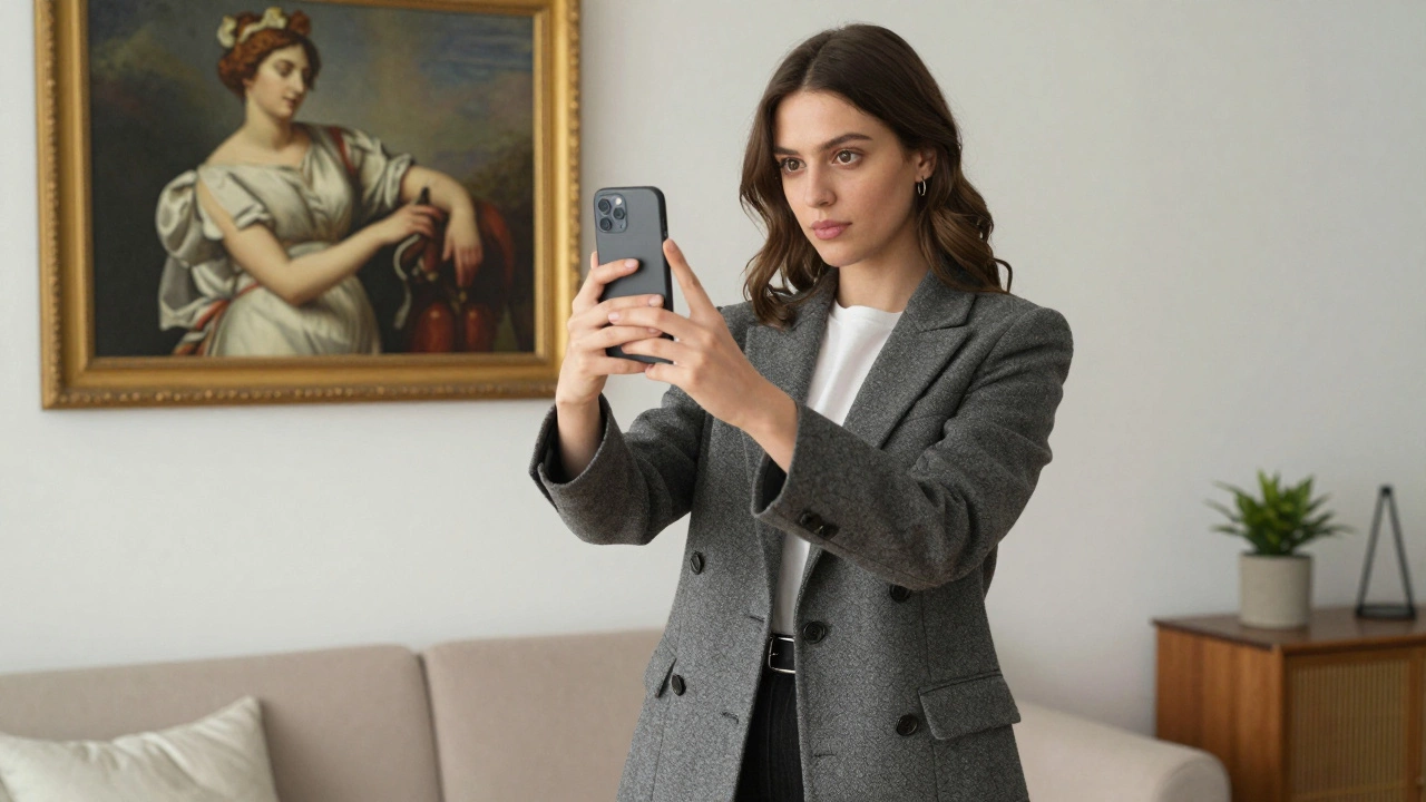 A modern sex worker takes a selfie in a softly lit room, with a historic painting of Olympia visible on the wall.