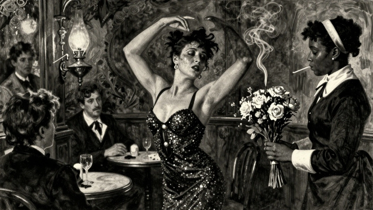 A weary dancer in a dim Parisian brothel is captured mid-motion under a flickering lamp, surrounded by blurred figures.
