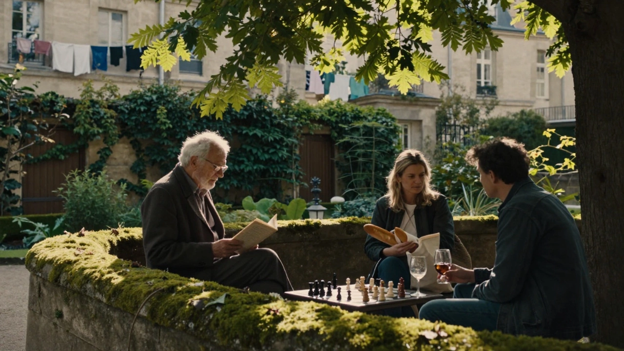An elderly man reads poetry in a hidden Paris garden as two strangers listen quietly.
